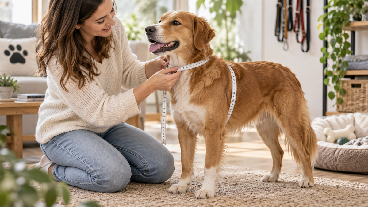 Personne mesurant le cou et le poitrail d’un chien avec un mètre ruban