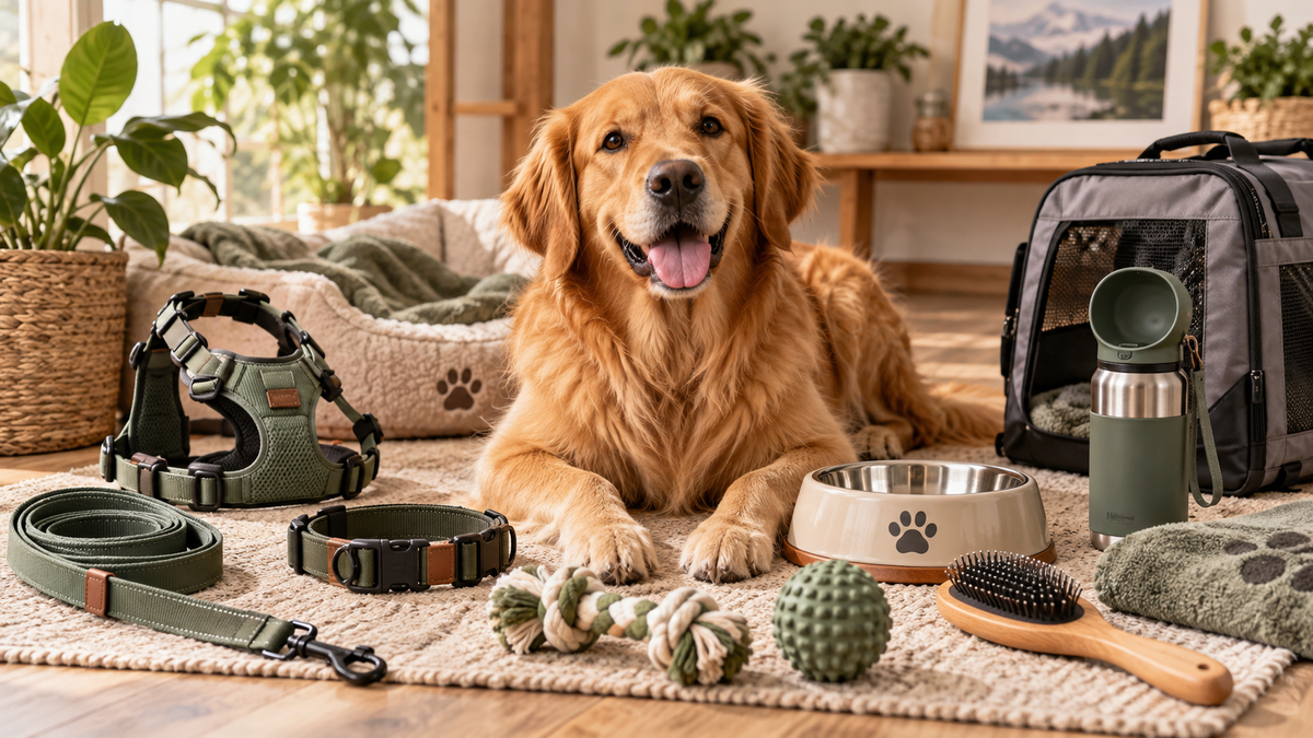 Chien entouré de plusieurs accessoires utiles pour le quotidien