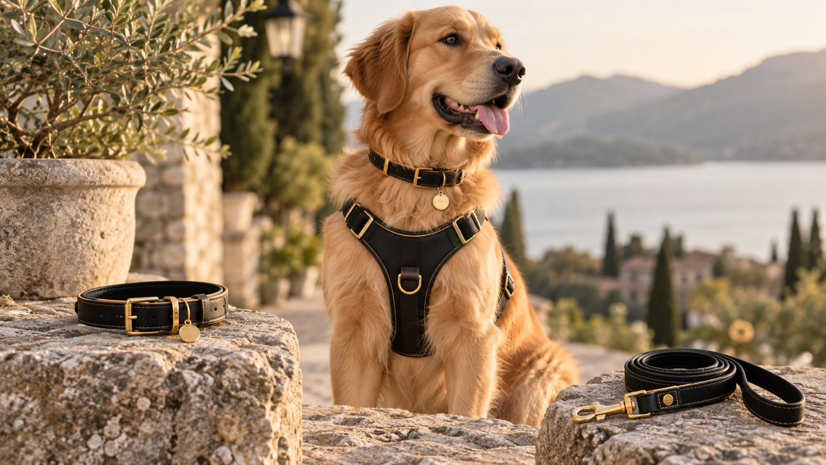 Chien équipé d’un harnais avec collier et laisse pour choisir les bons accessoires