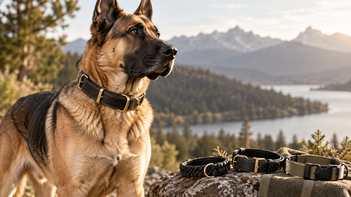 Grand chien portant un collier avec plusieurs modèles de colliers à comparer