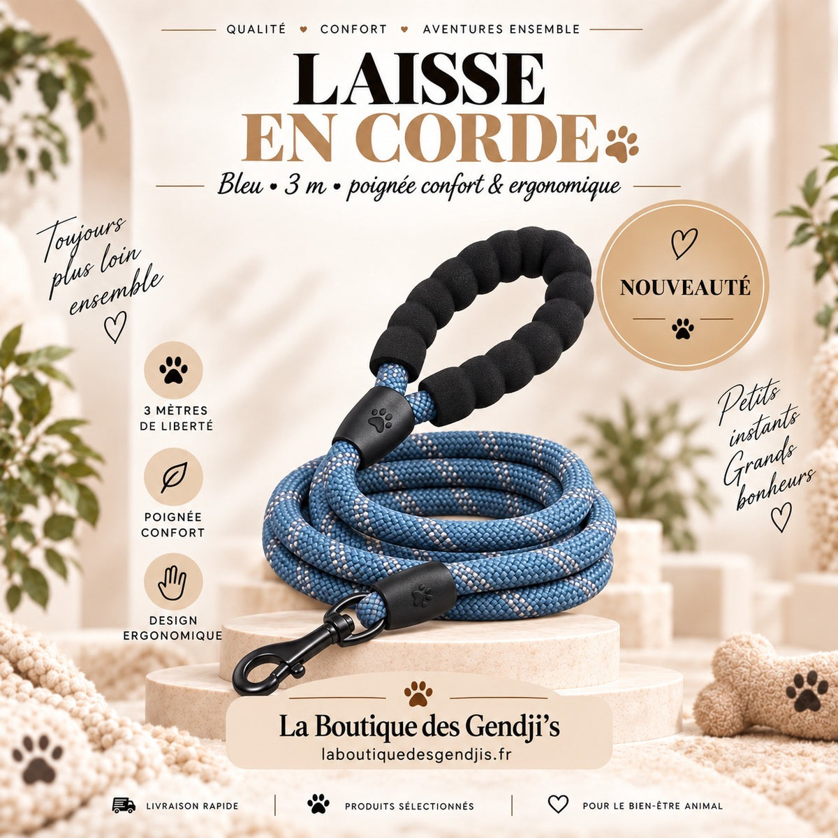 Laisse longue ZOLIA WALOU 3 m en corde avec poignée confort