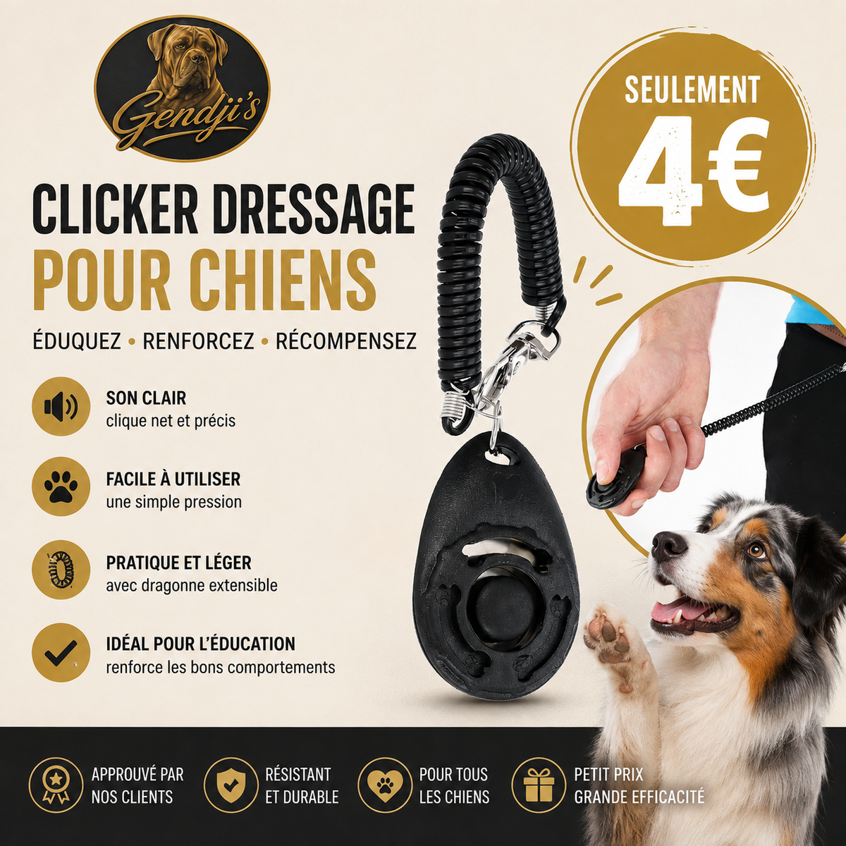 Clicker pour chien avec mousqueton – éducation et dressage