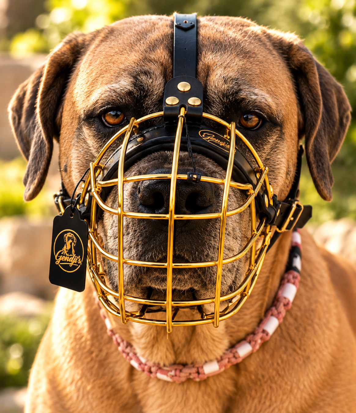 Muselière dorée pour chien Gendji’s panier métallique couleur Or 16 x 11 x 14 cm portée - face