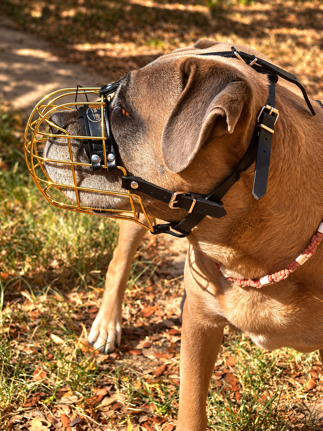 Muselière panier dorée pour grand chien Gendji’s - vue de profil