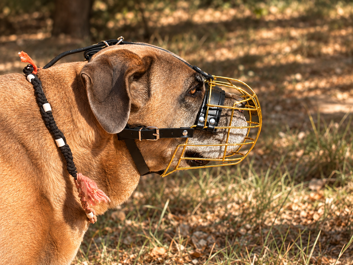 Muselière métallique dorée pour chien Gendji’s avec sangles réglables