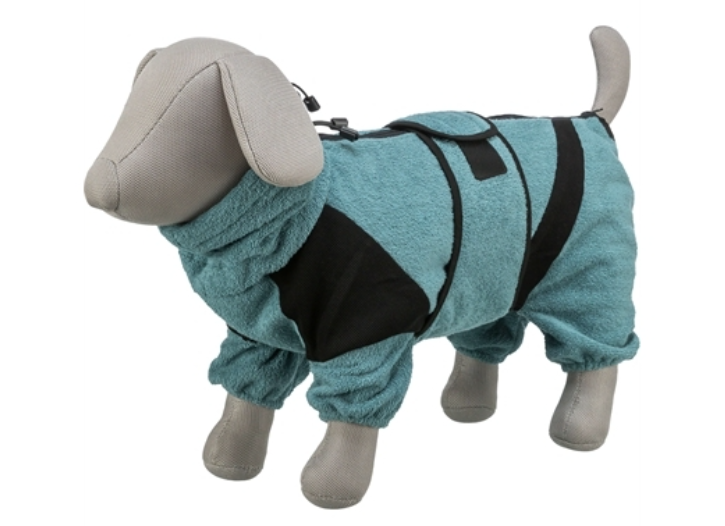Peignoir et combinaison TRIXIE pour chien coloris pétrole vue trois quarts